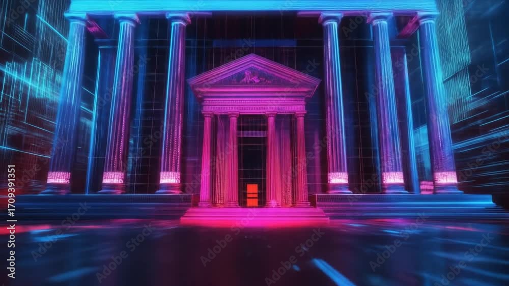 Poster a digital rendering of a classical building bathed in vibrant neon colors, creating a futuristic atm