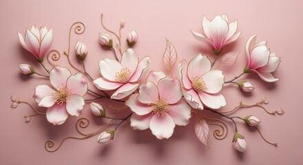 Fototapeta premium Delicate pink cherry blossom arrangement with golden accents on a soft pink background creates a romantic and elegant aesthetic