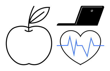 Apple icon symbolizes nutrition, heartbeat represents health monitoring, and laptop denotes technology. Ideal for wellness, fitness, telemedicine, remote work, self-care, healthy habits simple flat