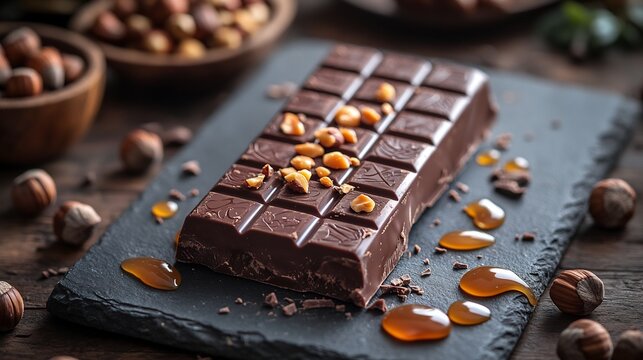 Cadbury Dairy Milk bar elegantly positioned slate board caramel drizzles and a handful of hazelnuts the rich chocolate gleaming as it melts slightly evoking a luxurious gourmet chocolate experience