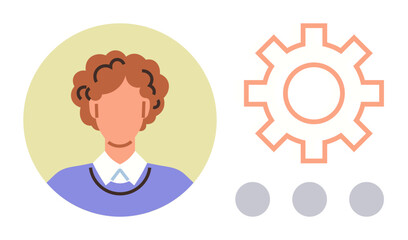 Portrait of a person next to a gear icon and three dots. Ideal for account settings, user preferences, profile management, system configuration, team roles, personalization, digital organization