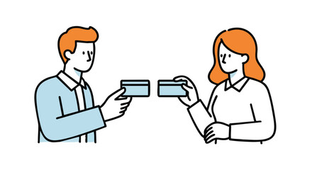 Two stylized figures exchanging business cards, illustrating a professional interaction.