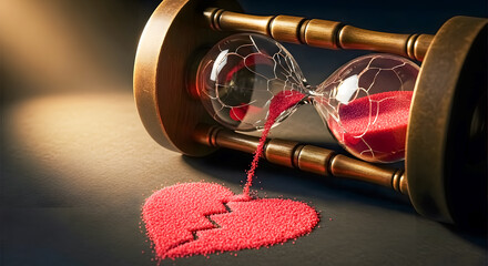 Broken heart concept with sand timer symbolizes lost love and time gone