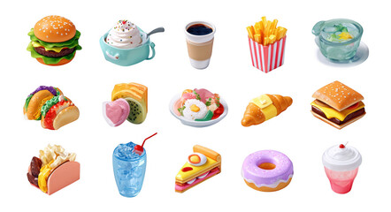 Delicious food icons including burger, fries, tacos, and desserts create vibrant and appetizing visual feast. Perfect for food related projects or menus