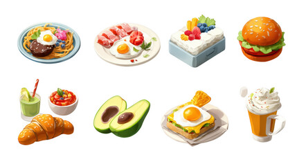Delicious food icons featuring variety of dishes including pasta, seafood, fruits, desserts, burgers, and beverages. Each item is beautifully illustrated, showcasing vibrant colors and appetizing