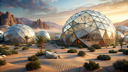 Futuristic Desert Oasis. Geodesic Dome Architecture in Arid Landscape
