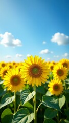 A field of vibrant sunflowers blooming brightly beneath a clear blue sky.
