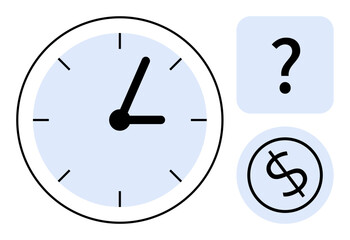 Minimalist clock face, question mark, and dollar sign emphasizing decision-making, time value, productivity. Ideal for business strategy, financial planning, prioritization, deadlines efficiency