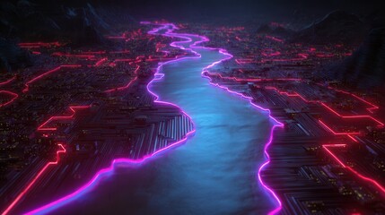 Futuristic neon river flowing through a cyberpunk cityscape at night