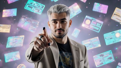 Tech entrepreneur using futuristic augmented reality dashboard