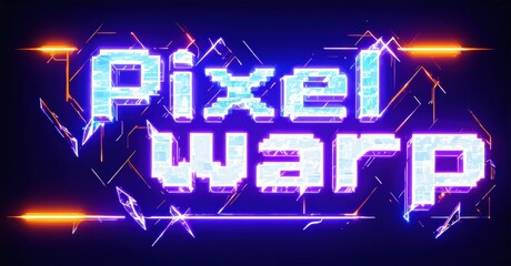 Naklejka premium Retro style title graphic. Bright neon colors, glitch effect, pixelated text. Digital art, vibrant design, futuristic aesthetic.
