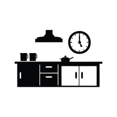 Silhouette of a kitchen scene with a clock and cooking elements, kitchen clock silhouette vector illustration