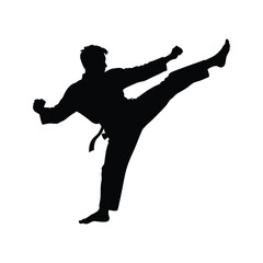 Silhouette of Karate Practitioner Executing a Dynamic Front Kick with Precision, martial artist performing kick silhouette vector illustration