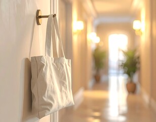 Canvas Tote Bag Hanging in Bright Hotel Hallway