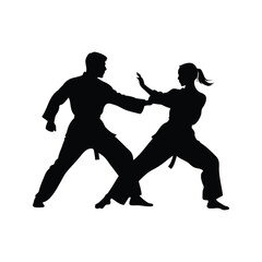 Black silhouette of two martial artists practicing a block and strike technique, martial artist practicing with partner silhouette vector illustration