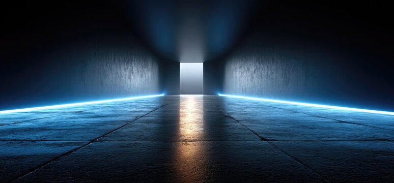 Dark, futuristic tunnel lit by vibrant blue neon