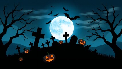 Fototapeta premium Spooky halloween graveyard scene with full moon and pumpkins
