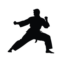 Silhouette of a karate practitioner in a fighting stance with black belt, martial artist sparring silhouette vector illustration