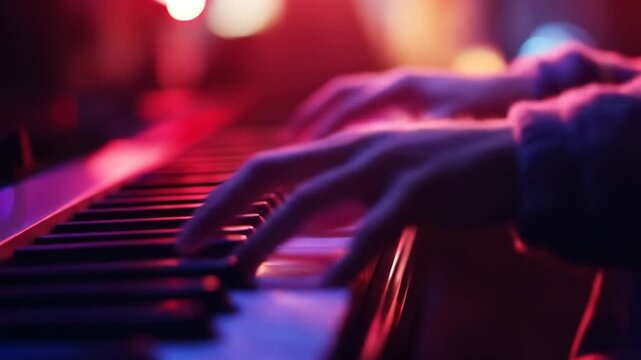 Close-up shot of hands playing a piano keyboard under vibrant, colorful stage lighting.