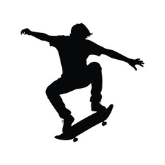 Silhouette of skateboarder performing an aerial trick with arms extended for balance, skateboarder performing flip trick silhouette vector illustration