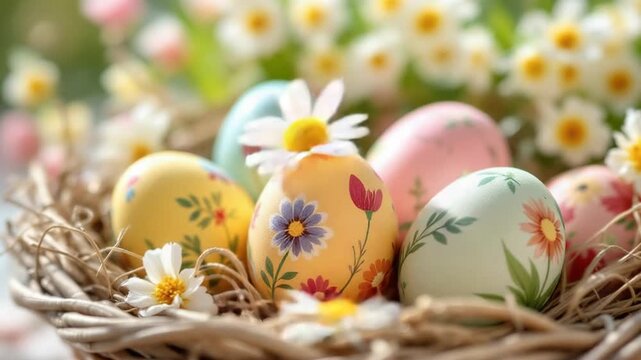 Colorful painted easter eggs in nest