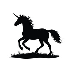 Black silhouette of a unicorn galloping across a grassy field in vector art, unicorn prancing in the meadow silhouette vector illustration
