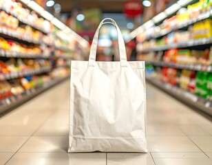 Blank Tote Bag in Supermarket Aisle, Sustainable Shopping Concept