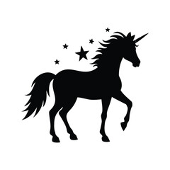 Silhouette of a majestic unicorn surrounded by stars on a white background, unicorn with starry mane silhouette vector illustration