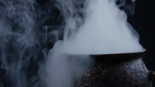 Steaming cauldron on a black background