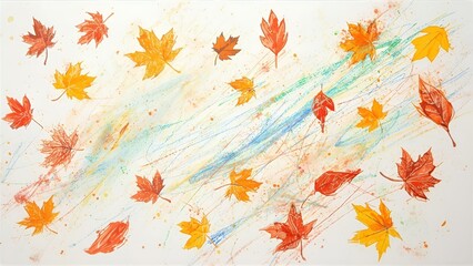 A simple, hand-drawn background featuring cute autumn leaves and colorful crayon scribbles. A charming and playful design for children's projects, scrapbooking, or back-to-school themes
