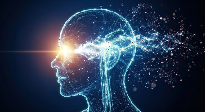 Digital human head exploding with light and data