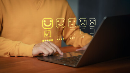 Customer satisfaction survey concept showing a 5 star rating system through an online application, customers evaluate product and service quality, high satisfaction levels and share feedback reviews.