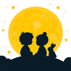 Silhouette of Couple with Rabbit Under Full Moon