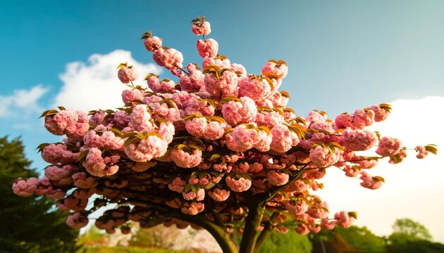 Blossoming pink cherry tree against a blue sky - Powered by Adobe
