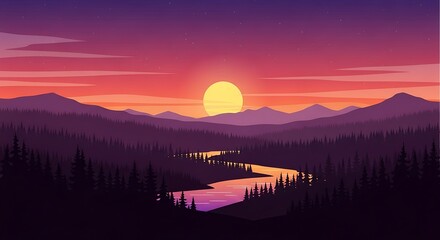 Obraz premium Sunset Mountain River Landscape.