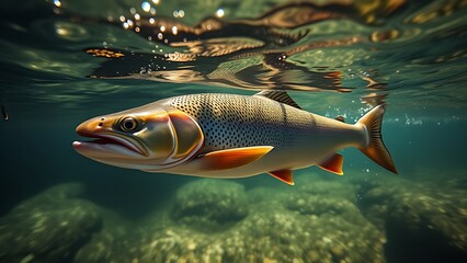 Fototapeta premium Trout swimming gracefully in a clear stream, immersed in a tranquil underwater world.