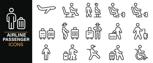 Editable vector airline passenger icons including boarding, luggage, and seating