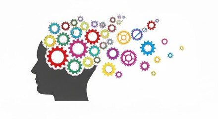 Human head silhouette with colorful gears representing thought and ideas