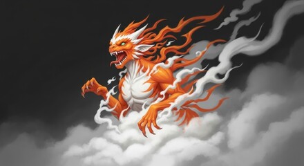 Illustration of a mythical kirin creature with fiery mane and tail emerging from clouds in a dynamic and fantasy art