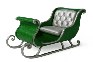 Green santa claus sleigh with silver upholstery on transparent background