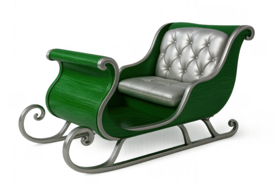 Green santa claus sleigh with silver upholstery on transparent background