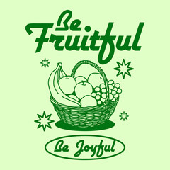 Hand-drawn sketch of assorted fruits in a basket. Simple vintage style illustration, ideal for T-shirt prints, packaging, and eco-friendly designs.