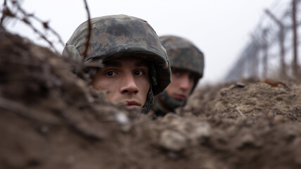 Obraz premium Soldier helmet camouflage trench barbed wire dirt focus alert military defense. Soldiers wearing camouflage helmets take cover trench behind