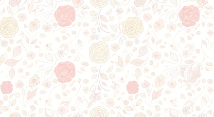Pastel pink and yellow floral pattern; seamless repeat design with delicate hand-drawn roses and leaves;  flat lay, minimalist style;  white background; conveying a