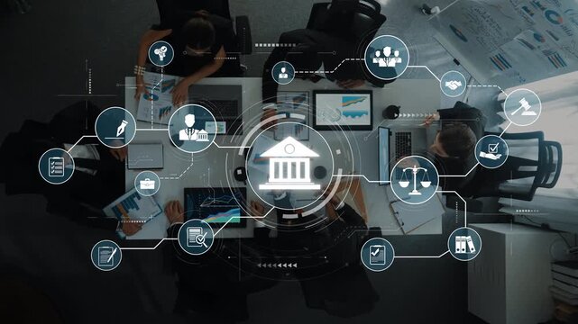 This image features an aerial view of a business meeting surrounded by digital symbols that showcase innovation, collaboration, and effective communication strategies in the workplace. Raster