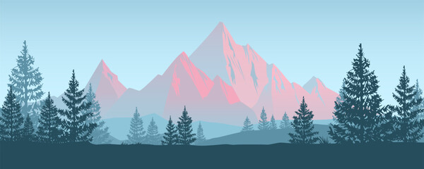 Beautiful mountain landscape at sunrise or sunset. Amazing landscape with mountains and forest silhouettes. Pink mountains at dawn. Wonderful landscape for printing and design. Vector illustration.