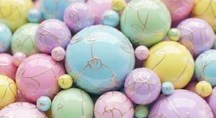 Closeup of pastelcolored easter eggs with delicate gold patterns, creating a festive and cheerful spring holiday theme
