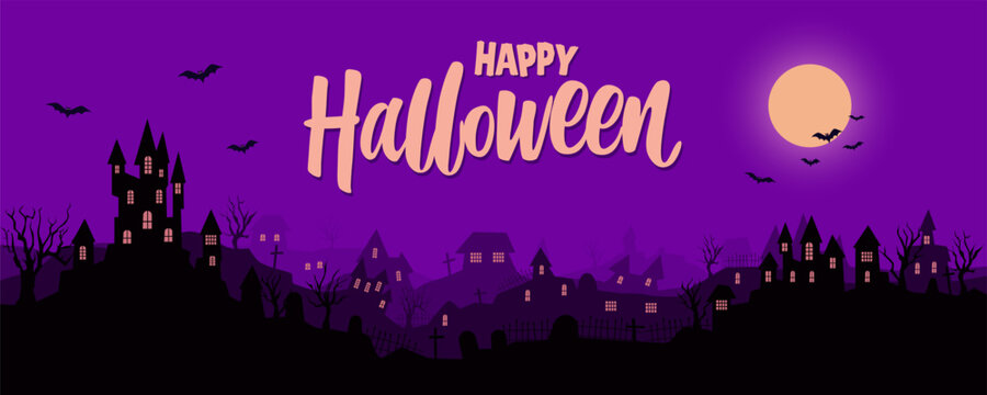 Halloween city with bats, scary houses, trees and an ominous moon. A spooky Halloween town at night for a festive background and design. Horrible houses, trees, and flying birds vector illustration.