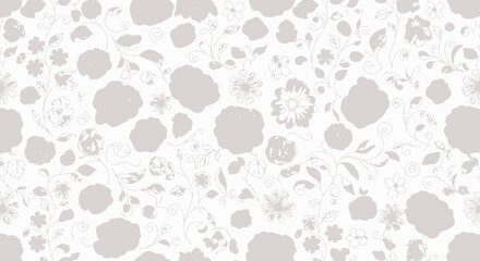 Fototapeta premium Soft grey and white floral pattern, seamless design, minimalist style, flat lay textile texture, background with delicate flower shapes.
