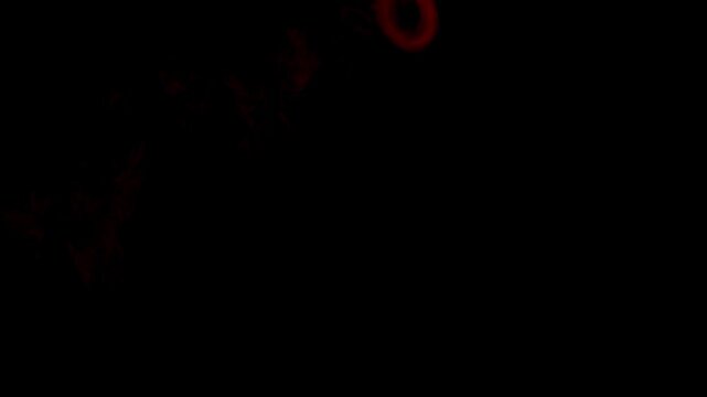 Multiple red smoke rings float upwards and dissipate on a black background, mysterious effect for magic, fantasy, or horror concepts